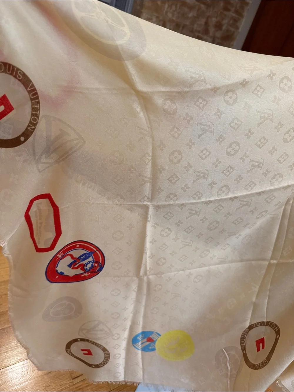 Louis Vuitton Cream Silk Scarf with Multicolored Patch Motifs